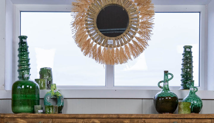 Ronde Spiegel van Koord met Raffia Franje in Bohemian Ibiza Stijl